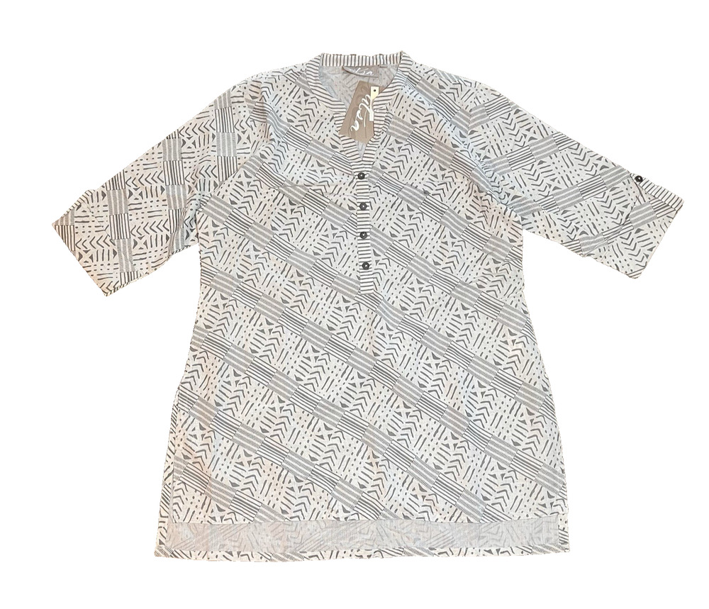 Utsa Tunic Dress Kurta Cotton Linen Blend Button Down Print Geometric Large 96cm